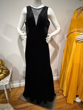 Night Way Collections Black Maxi velvet Gown with Sheer V-Inset